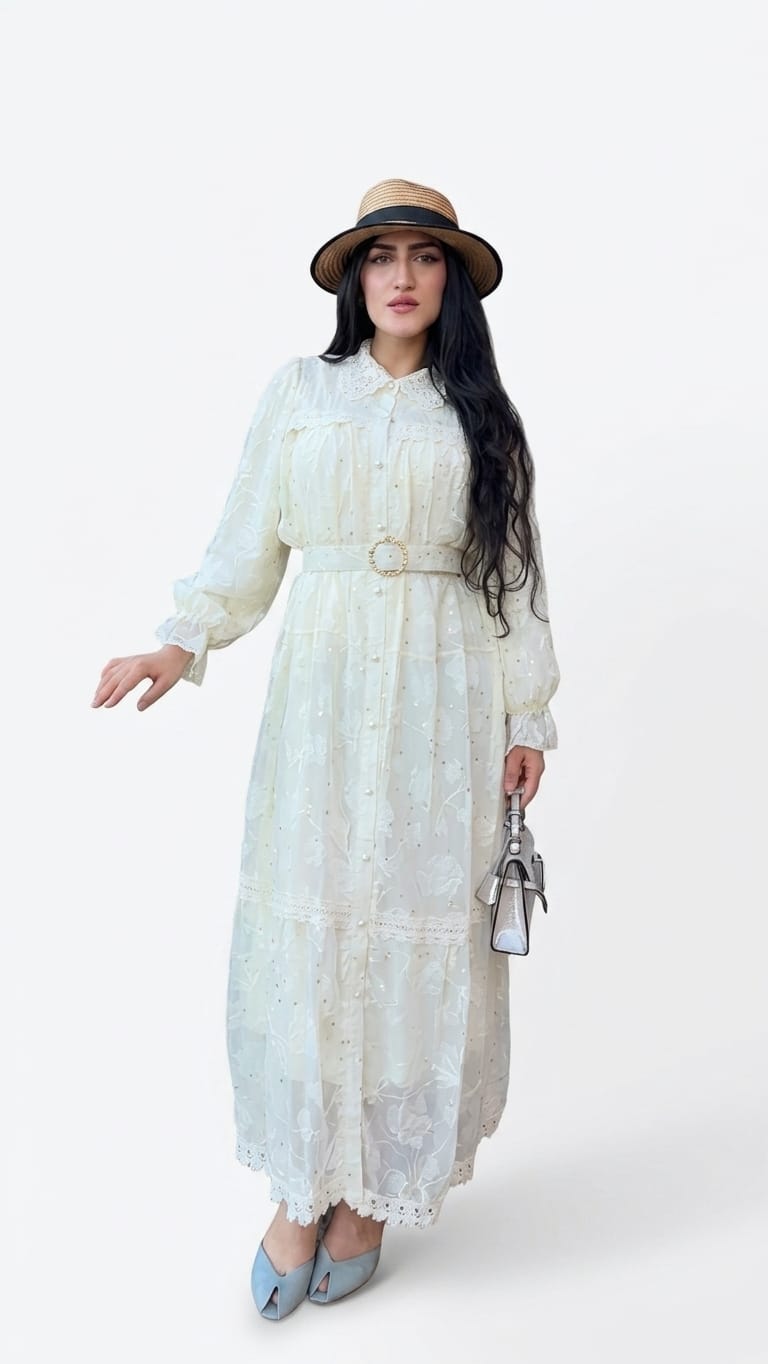 Vestido Largo Camisero con Bordado Floral y Detalles de Encaje