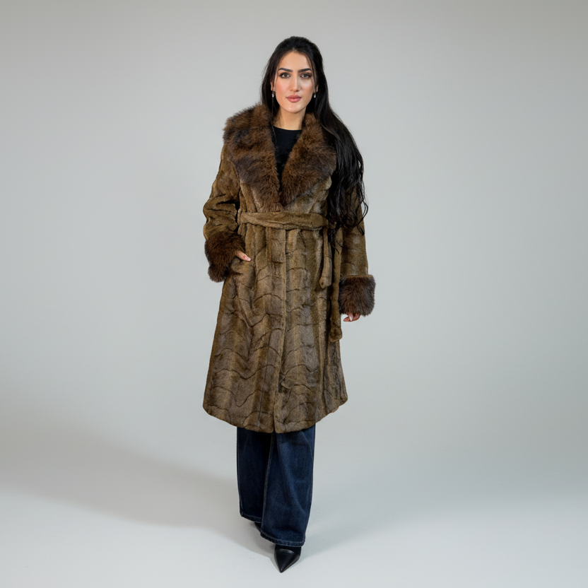 Abrigo Largo de Mujer con Efecto Pelo y Cinturón