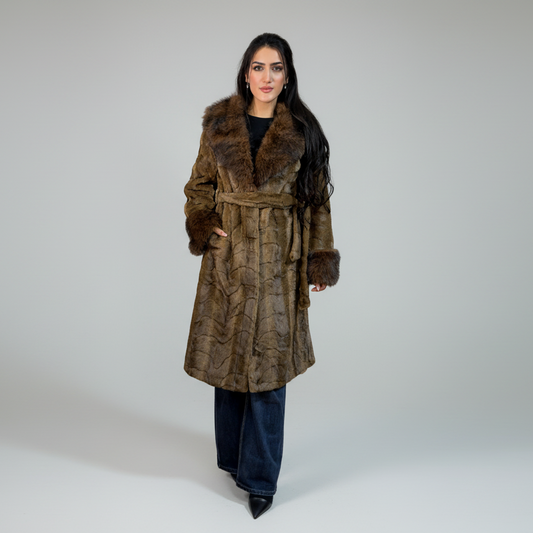 Abrigo Largo de Mujer con Efecto Pelo y Cinturón